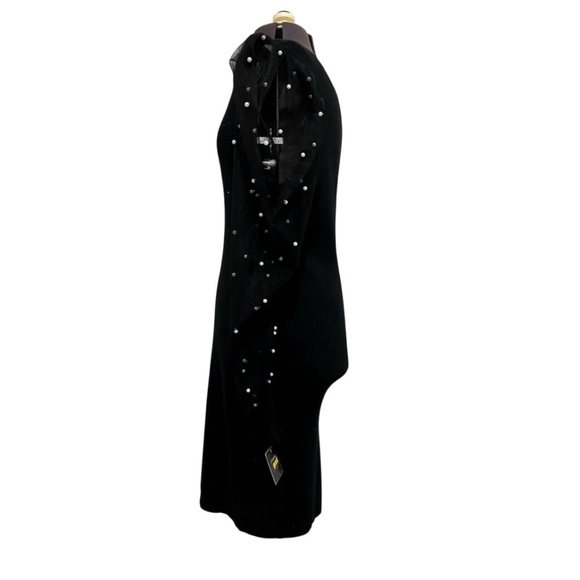Black Bodycon Silver Shimmer Sweater Dress Sheer Sleeve Pearl Accent Size S - Picture 4 of 7